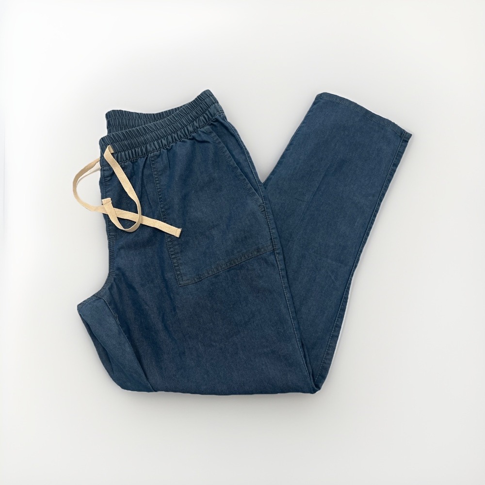 Blair Women's Chambray Drawstring Pants 14P Dark Blue Elastic Waist Casual Petit